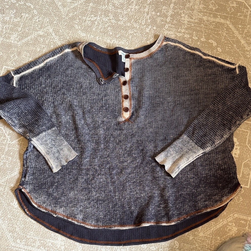 Sundance navy and cream waffle knit henley sweater top